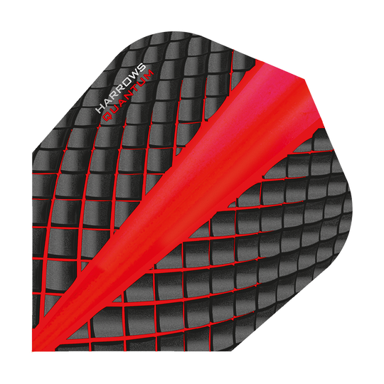 HR6804_Harrows_Quantum_Rot_No6_Flights_1 Das Bild zeigt ein Harrows Quantum Rot No6 Dartflight. Das Flight hat ein schwarzes, rautenförmiges Muster mit roten Akzenten und einer roten Diagonale.