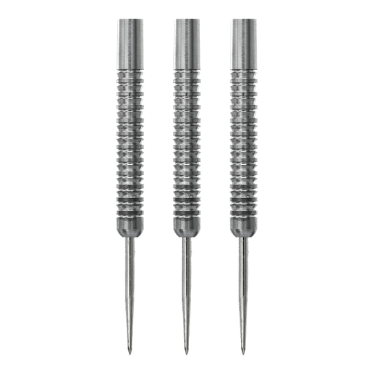Das Bild zeigt drei silberne Steeldart-Barrels des Produkts „McDart Spectre V1“ mit einem Gewicht von 24g. Die Barrels haben eine griffige, gerillte Oberfläche und spitze Enden.