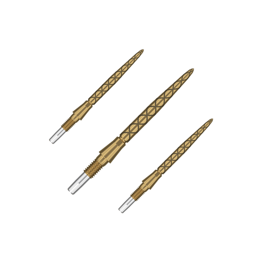Target Swiss Storm Diamond Point Dartpunten - Goud Das Bild zeigt drei goldene Dartspitzen mit einem Rautenmuster. Die Spitzen haben einen silbernen, metallischen Bereich zum Einschrauben.