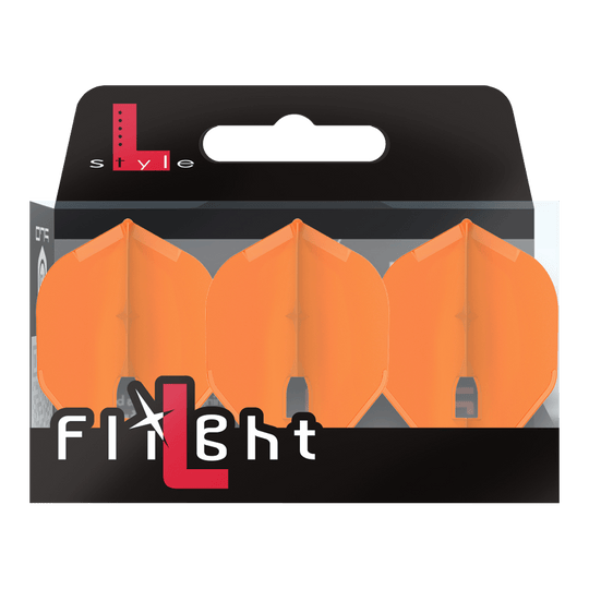 L-Style Champagne L1PRO Flights Auf dem Bild ist eine Packung mit drei orangefarbenen Dart-Flights zu sehen. Die Verpackung trägt die Aufschrift „L-Style Flight“.