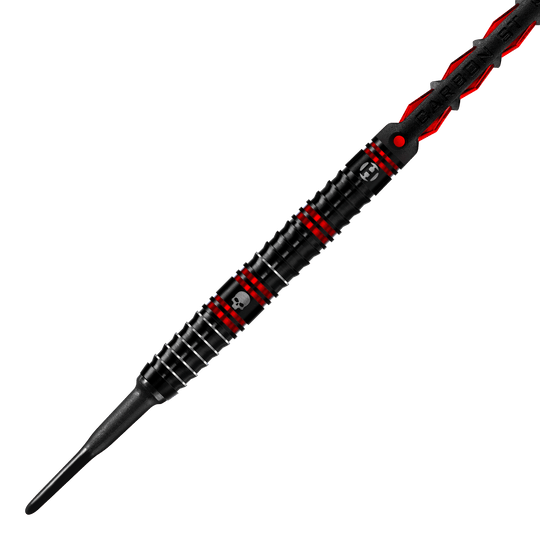Ryan Searle van Harrow Heavy Metal Soft Darts Der Harrows Ryan Searle Heavy Metal Softdart ist in Schwarz mit roten Akzenten gestaltet. Auf dem Dart befindet sich ein kleines Totenkopf-Symbol.