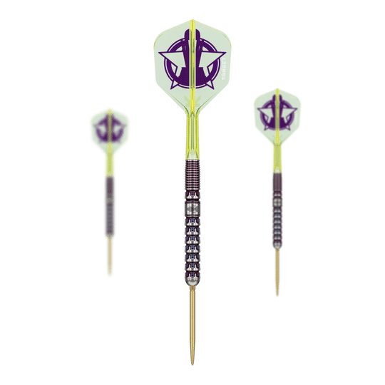 Das Bild zeigt drei Steeldarts aus der „Target Luke Littler World Champion 2025 Edition“ mit 23g Gewicht. Die Pfeile haben grüne Flights mit lila Motiv und ein silberfarbenes, geriffeltes Barrel.