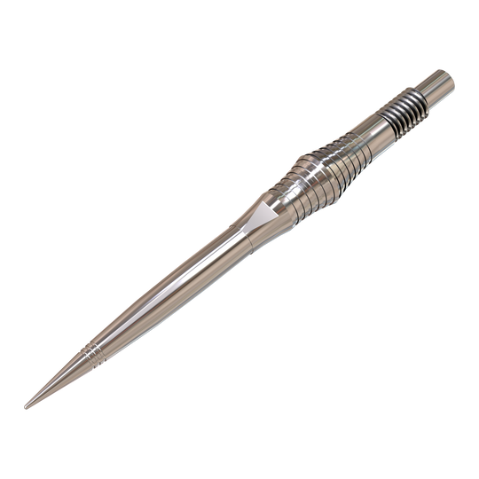 Harrows Quick Point Spire Elite Series dartpunten - zilver Auf dem Bild sind einzelne silberne Dartspitzen zu sehen. Sie sind groß abgebildet und deutlich dargestellt.