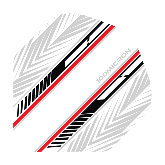 Pentathlon Flights wit/zwart/rood Das Bild zeigt einen Pentathlon No2 Standard Flight in den Farben Weiß, Schwarz und Rot. Das Design besteht aus schrägen Linien und einem modernen Muster mit der Aufschrift „100 MICRON“.