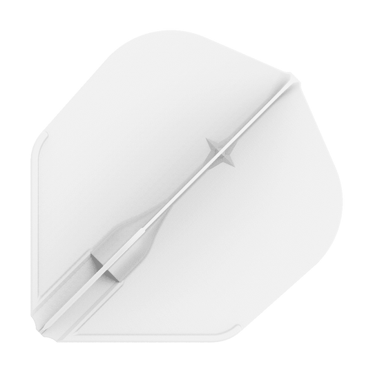 L-L-Style3EZ-vluchten Das Bild zeigt ein weißes Dartflight in einer einfachen, geometrischen Form. In der Mitte verläuft ein feiner, strukturierter Streifen mit einem kleinen Sternmotiv.