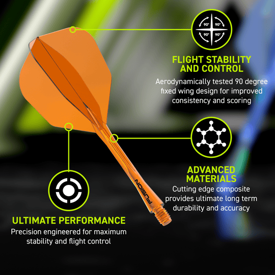 Winmau Fusion Flight Shaft System No6 Neon Oranje Abgebildet ist das Winmau Fusion Flight-Shaft-System No6 Neon Orange. Dieses Dartzubehör verbindet Flight und Shaft in einem Teil.
