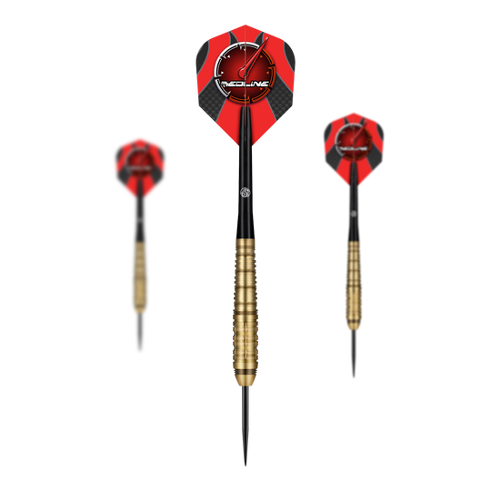 Shot Redline Mach 1 stalen darts Das Bild zeigt drei Steeldarts des Produkts "Shot Redline Mach 1". Die Darts haben rote Flights mit einem Logo und goldene Griffe.