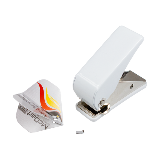 630-Flight-Locher-630-4 Auf dem Bild ist ein weißer Locher mit dem Namen "Flight Locher 630" zu sehen. Daneben liegt ein ausgestanztes Stück Papier mit einem bunten Aufdruck.