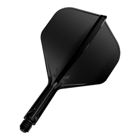 Target K-Flex No2 Standaard Vluchtsysteem - Zwart Das Bild zeigt ein schwarzes Dartflight mit integriertem Schaft. Das Design ist schlicht und modern gehalten.