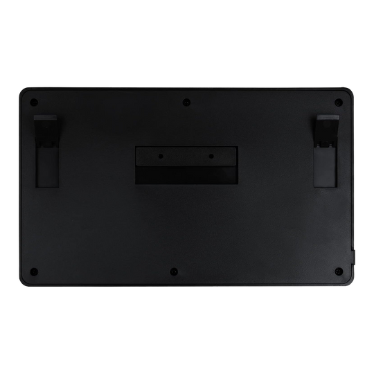 XQMax Dublin Dartteller Das Bild zeigt die Rückseite des XQMax Dublin Dart Counter. Die Oberfläche ist schwarz mit zwei ausklappbaren Ständern und mehreren Befestigungspunkten.