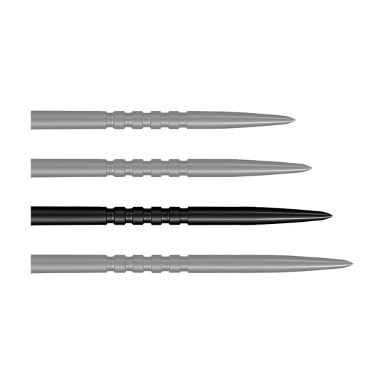 Shot Grip Point stalen dartpunten - Zwart Das Bild zeigt vier schwarze Stahlspitzen für Steeldarts, die nebeneinander liegen. Jede Spitze ist 38 mm lang und hat gerillte Griffzonen.