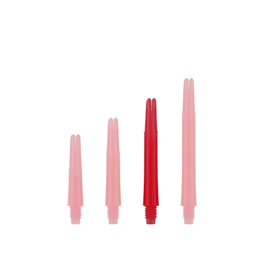 L-L-Style-Shafts Locked Straight - Rood Auf dem Bild sind vier rote Dartschäfte in unterschiedlichen Längen zu sehen. Sie stehen nebeneinander aufrecht auf weißem Hintergrund.