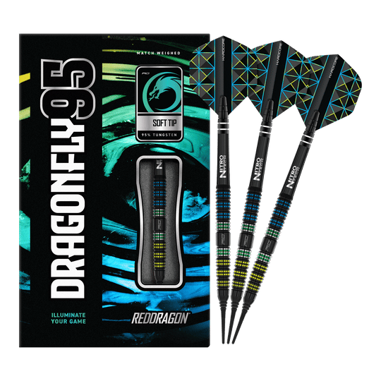 Das Bild zeigt eine Packung der Red Dragon Dragonfly 95 Black Tapered Softdarts - 18g. Neben der Verpackung sind drei bunte Softdarts mit schwarzen Spitzen abgebildet.