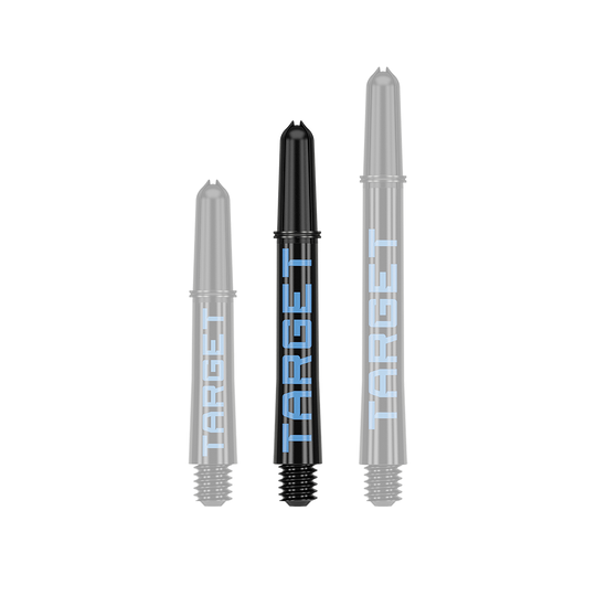 Target Pro Grip TAG Shafts - 3 sets - Zwartblauw Das Bild zeigt drei schwarze Dartschäfte in unterschiedlicher Länge mit blauer Aufschrift "TARGET". Sie sind in einer Reihe nebeneinander angeordnet.