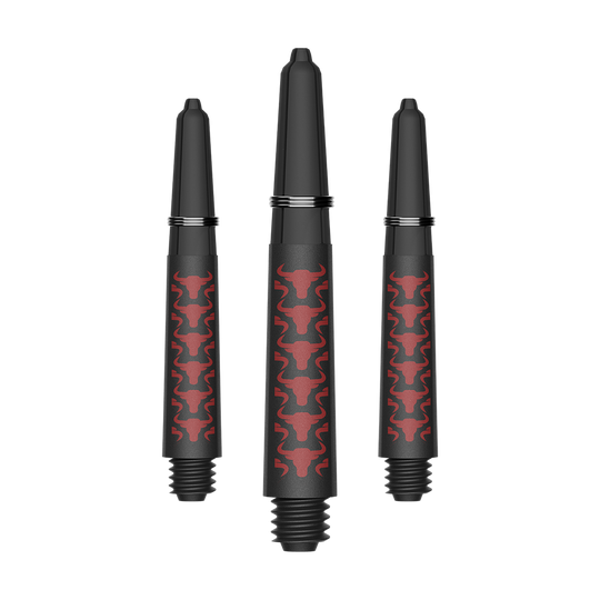 Bulls NL Capo Carbon shafts - Rood Das Bild zeigt ein Set aus roten Capo Carbon Shafts mit einer kurzen Länge von 34mm. Es handelt sich um Zubehör für Dartpfeile.
