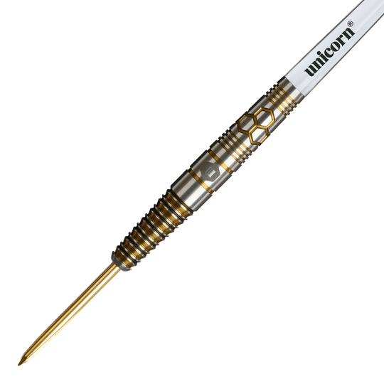 Unicorn Hexium Style 03 Goud & Zwart Steeldarts Das Bild zeigt die Unicorn Hexium Style 03 Gold & Black Steeldarts. Die Steeldarts sind in goldener und schwarzer Farbe gestaltet.