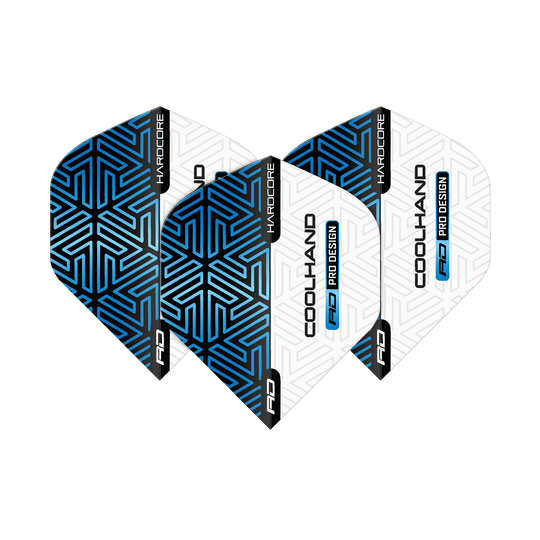 Red Dragon Hardcore Luke Humphries Blue White Premium Standaard Vluchten Das Bild zeigt vier Dart-Flights in Blau und Weiß mit geometrischem Muster. Auf den Flights stehen die Wörter "HARDCORE", "COOLHAND" und "RD PRO DESIGN".