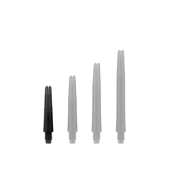 L-L-Style-Shafts Locked Straight - Zwart Auf dem Bild sind vier schwarze Dartschäfte in unterschiedlichen Längen zu sehen. Sie stehen nebeneinander aufrecht und haben jeweils ein Schraubgewinde am unteren Ende.