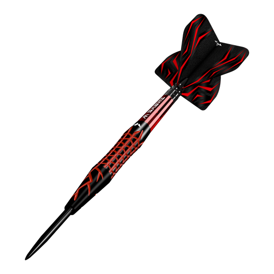 Missie Lava Steeldarts Das Bild zeigt einen Mission Lava Steeldart mit schwarzem und rotem Design. Der Dartpfeil hat eine spitze Metallspitze und auffällige Flügel mit roten Mustern.