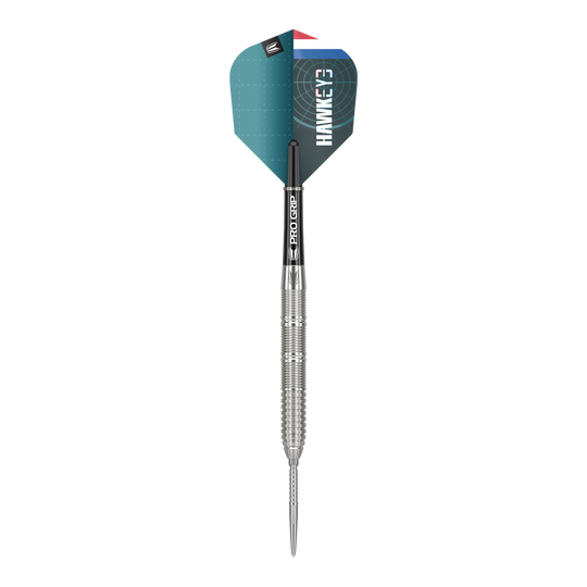 Target Kevin Doets GEN1 Swiss Point Steeldarts - 23g Das Bild zeigt einen Target Kevin Doets GEN1 Swiss Point Steeldart mit einem Gewicht von 23 Gramm. Der Dart hat einen silbernen, geriffelten Barrel und eine blau-schwarze Flight mit der Aufschrift "HAWKEYE".