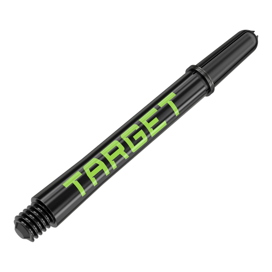 Target Pro Grip TAG Shafts - 3 Sets - Zwart Groen Zwei Dart-Schäfte in harmonischer Anordnung werden präsentiert. Die Linie und das Profil der Produkte sind markant.