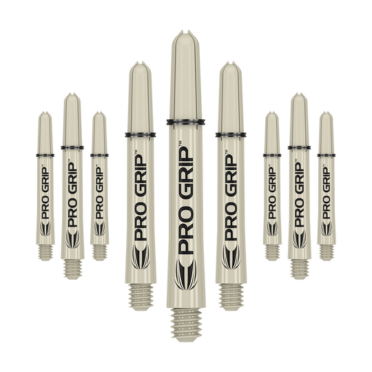 Target Pro Grip Shafts - 3 sets - Zand Auf dem Bild sind neun beige Dartschäfte mit der Aufschrift "PRO GRIP" zu sehen. Sie sind in einer Reihe angeordnet und haben ein Schraubgewinde am unteren Ende.