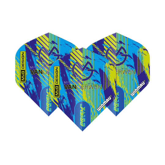 Winmau Delta Michael Van Gerwen Prism 04 standaardvluchten Das Bild zeigt die Winmau Delta Michael Van Gerwen Prism 04 Standard Flights. Sie haben ein farbenfrohes Design in Blau, Gelb und Schwarz mit dem Namen und Logo von Michael Van Gerwen.