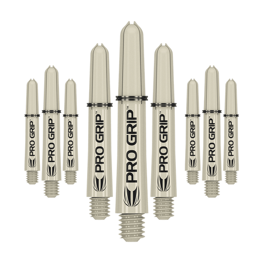 Target Pro Grip Shafts - 3 sets - Zand Das Bild zeigt neun beige Dartschäfte mit der Aufschrift „PRO GRIP“. Sie sind in drei Reihen angeordnet, wobei die mittlere Reihe größer erscheint.