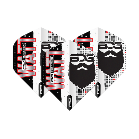 Red Dragon Hardcore Jason Watt BDG Premium No2 Standaardvluchten Das Bild zeigt vier Dartflights mit dem Aufdruck "WATT" und einem stilisierten Bartgesicht. Die Flights sind in Schwarz, Weiß und Rot gestaltet und tragen das Logo „BDG Pro Design“.