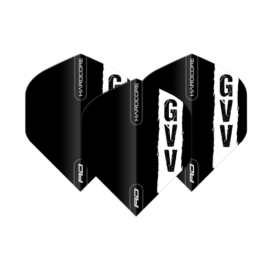 Red Dragon Hardcore Gian Van Veen Zwart Logo Standaard Vluchten Das Bild zeigt drei schwarze Dartflights mit dem weißen Aufdruck "GVV" und dem Schriftzug "HARDCORE". Es handelt sich um das Produkt "Red Dragon Hardcore Gian Van Veen Black Logo Standard Flights".