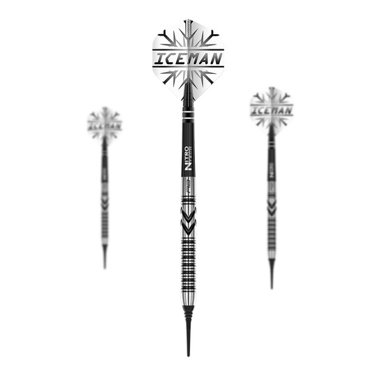 Red Dragon Gerwyn Prijs Thunderbolt Zachte Darts - 20g Das Bild zeigt drei Softdarts des Modells "Red Dragon Gerwyn Price Thunderbolt - 20g". Auf den Flights steht "ICEMAN" und die Darts haben ein schwarz-silbernes Design.