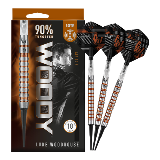 Harrow's Luke Woodhouse Series 2 Zachte Darts - 18g Das Bild zeigt die Harrows Luke Woodhouse Series 2 Softdarts mit einem Gewicht von 18 Gramm. Die Verpackung hebt hervor, dass die Darts zu 90 % aus Tungsten bestehen und für Softtip-Spiele geeignet sind.