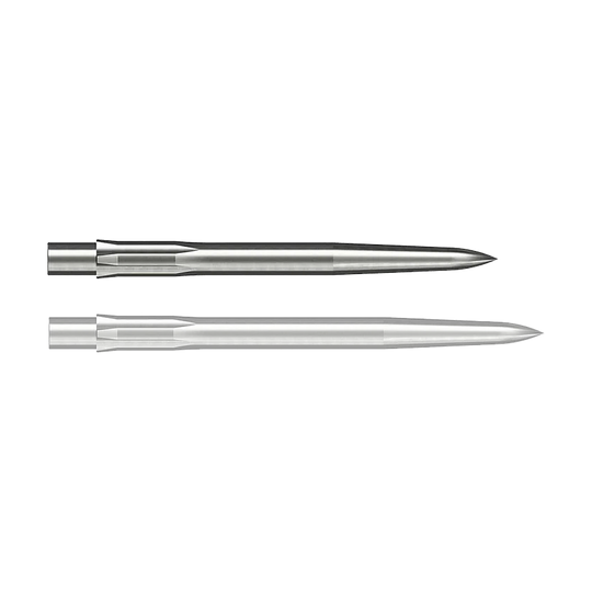 Caliburn System Steel Dart Tips - Glad - Zilver Auf dem Bild sind zwei silberne, glatte Stahlspitzen für Darts zu sehen. Sie sind länglich geformt und haben eine spitze Vorderseite.