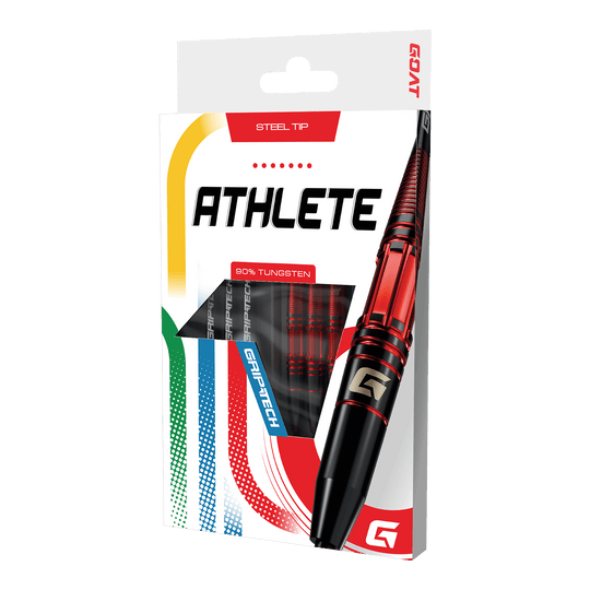 GOAT Atleet Rode Wolfraam Stalen Darts Auf dem Bild sind die GOAT Athlete Red Tungsten Steeldarts zu sehen. Sie zeichnen sich durch ein sportliches Aussehen aus.
