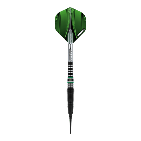 Winmau Sniper Black 2025 zachte darts - 20g Das Bild zeigt einen Winmau Sniper Black 2025 Softdart mit einem Gewicht von 20g. Der Dart hat schwarze und silberne Elemente sowie rote und grüne Akzente am Schaft.