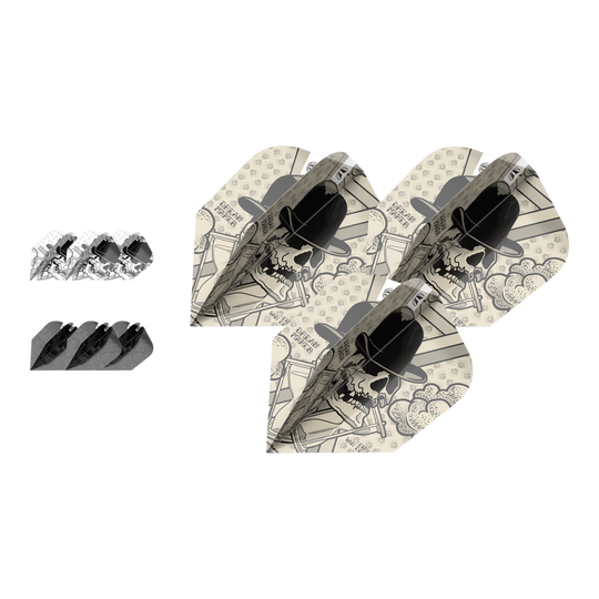Target Inktbundel 3 sets Dimitri Van Den Bergh Ten-X Flights Das Bild zeigt drei Sets von Dartflights mit einem Totenkopf-Design und Hut. Die Flights gehören zum Produkt "Target Ink Bundle 3 Sets Dimitri Van Den Bergh Ten-X Flights".