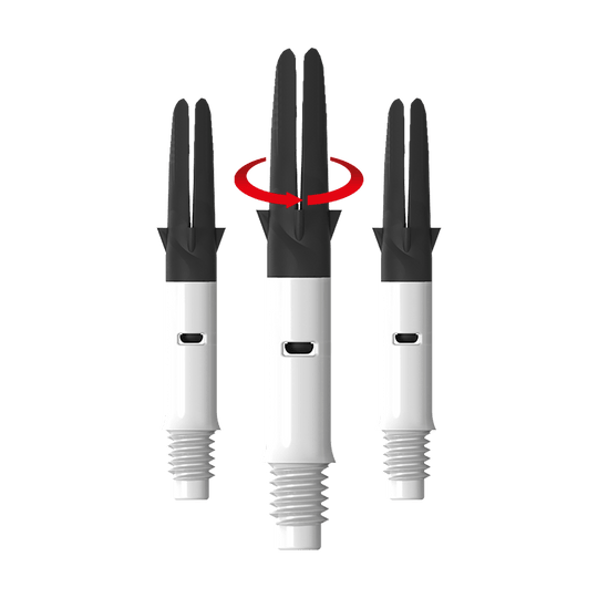 L-L-Style-Shaft Carbon Silent Straight - Wit Das Bild zeigt drei weiße und schwarze Dartshafts nebeneinander. Über dem mittleren Shaft ist ein roter Pfeil, der eine Drehbewegung anzeigt.