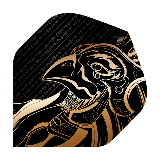 Mission Solo Horus No2 Standaardvluchten Das Bild zeigt das Produkt "Mission Solo Horus No2 Standard Flights" mit einem gold-schwarzen Design. Darauf ist ein stilisierter Horus-Kopf im ägyptischen Stil abgebildet.