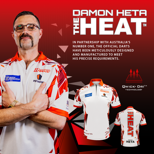 Das Bild zeigt das Harrows Damon Heta Playershirt. Es handelt sich um ein original Dartspielertrikot.