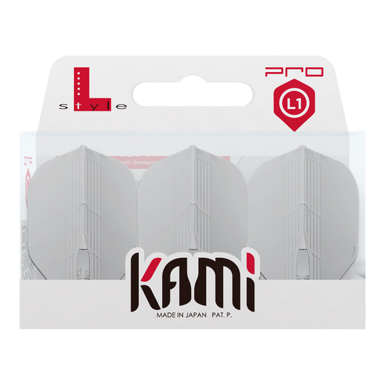 L-Style KAMI L1PRO Flights Das Bild zeigt eine Verpackung mit drei weißen Dartflights der Marke Kami. Auf der Verpackung stehen "L-Style", "PRO" und "Made in Japan".