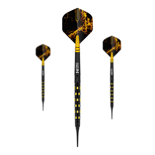 Red Dragon Nirvana zachte dartpijlen - 20g Das Bild zeigt drei Softdarts des Modells "Red Dragon Nirvana Softdarts - 20g". Die Darts haben ein auffälliges schwarzes und gelbes Design mit einer markanten Musterung auf den Flights.