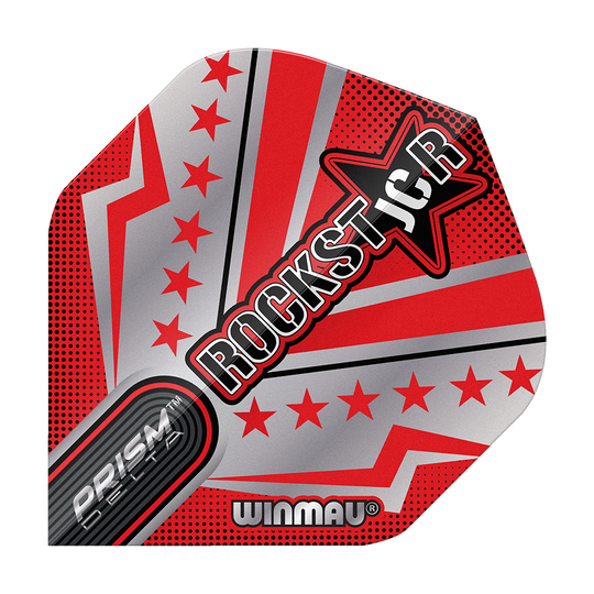 Winmau Prism Delta Joe Cullen Rockstar Series No2 Standaardvluchten Das Bild zeigt ein Dartflight mit auffälligem roten und silbernen Design und mehreren Sternen. In der Mitte steht groß das Wort „ROCKSTAR“ neben einem Stern, darunter befinden sich die Markenaufschriften „PRISM DELTA“ und „WINMAU“.