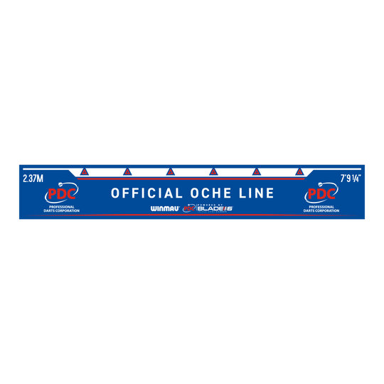 Winmau PDC werplijn Das Bild zeigt die Winmau PDC Abwurflinie in Blau mit weißer Schrift. Auf der Linie steht „OFFICIAL OCHE LINE“ sowie die Entfernungsangaben 2,37 m und 7’9 1/4’’.
