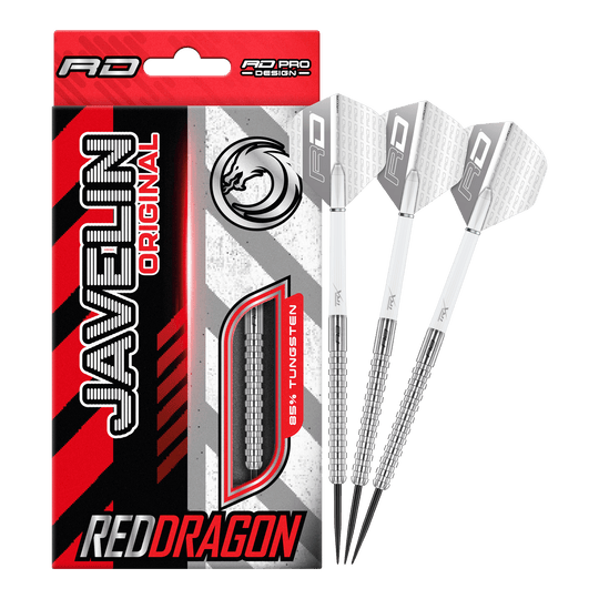 Das Bild zeigt die Red Dragon Javelin Steeldarts in voller Ansicht. Sie sind speziell für das professionelle Darten entwickelt.