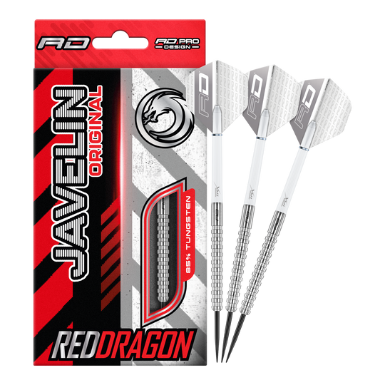 Red Dragon Javelin stalen pijltjes Das Bild zeigt die Red Dragon Javelin Steeldarts in voller Ansicht. Sie sind speziell für das professionelle Darten entwickelt.
