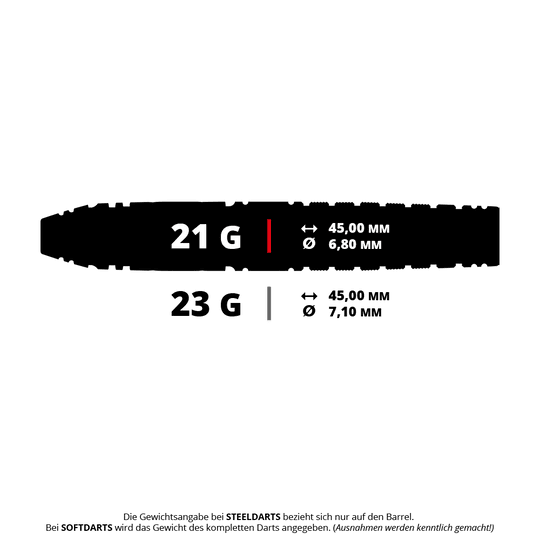 Target Japan Black Marque Chaos 2 SP steel darts Das Bild zeigt die Spezifikationen von zwei Steeldarts mit 21 g und 23 g Gewicht. Beide Darts sind 45,00 mm lang, aber der Durchmesser beträgt 6,80 mm bzw. 7,10 mm.