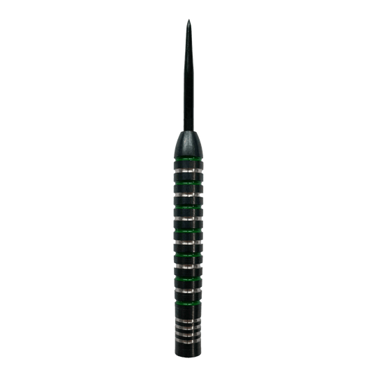 McDart Silver Green Steeldart-vaten Das Bild zeigt ein McDart Silver Green Steeldart Barrel. Der Dartpfeil hat silberne Ringe mit grünen Akzenten entlang des Griffbereichs.