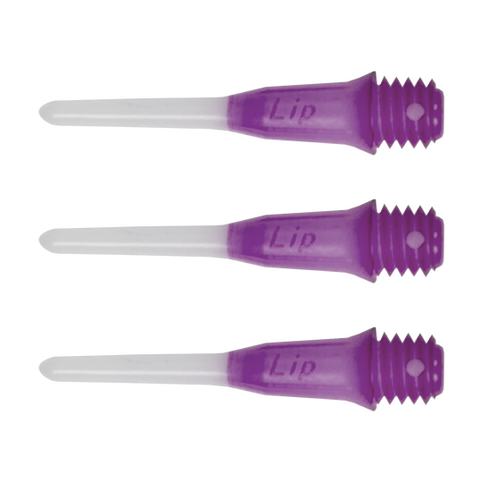 SLIPPTT-PU_L-Style_Two_Tone_Short_Lippoints_Purple_-30er_Pack Das Bild zeigt drei kurze, zweifarbige Dartspitzen mit lila Gewinde und weißer Spitze. Auf den Spitzen steht das Wort "Lip" eingraviert.