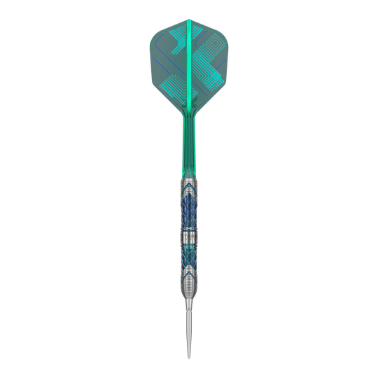 Dies ist ein Steeldart aus der Target Japan Kaze Series, Modell Ceros 03 mit 24g Gewicht. Der Dart hat ein auffälliges Design mit grünen und blauen Akzenten.