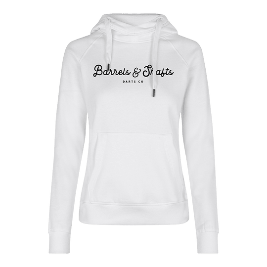 Barrels and Shafts Dameshoodie - Wit Dies ist ein weißer Damen-Hoodie mit Kapuze und Kängurutasche. Auf der Vorderseite steht der Text "Barrels & Shafts Darts Co".